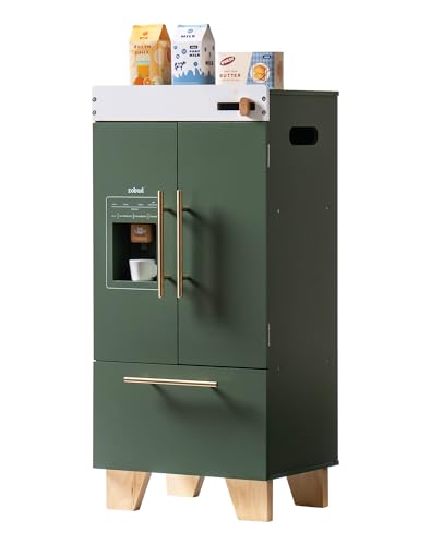 ROBUD Wooden Toy Fridge, Kids Play Kitchen Set Toy Kitchen Playset Play Fridge with Accessories, Interactive Wooden Toy Refrigerator for Pretend Kids Fridge, Gifts for Girls Boys Toddlers Toy