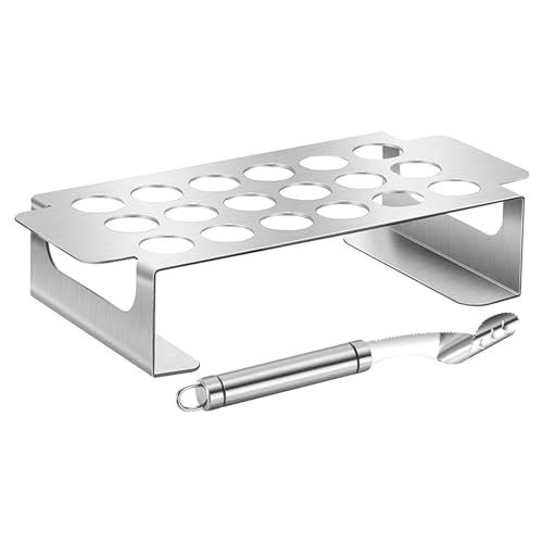 Jalapeno Grill Rack with Handle and Chili Pepper Corer Tool Pepper Rack and Tray 18 Holes Stainless Steel Drumstick Chicken Wings Roaster for BBQ Smoker and Oven(COLOR:Silver)