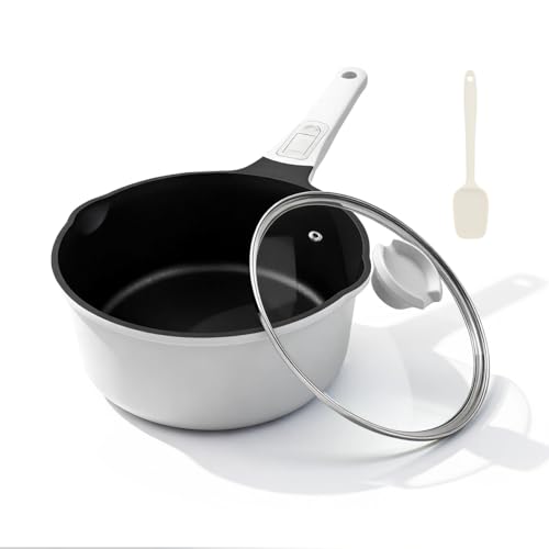 Kasserolle 16cm mit Deckel, 1.5L Antihaft-Stielkasserolle (Weiß-Schwarz) – Ansicht 1