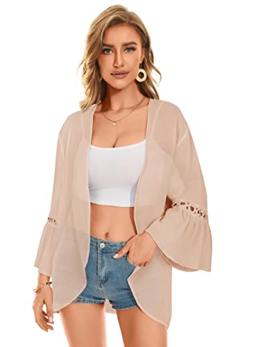 Kimonos For Women Cardigan Lace Floral Ruffle Sleeve Beach Cover Up Casual Tops(01 Lace Orange,M) #TOP1