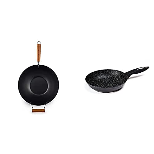 Ken Hom Classic Wok - 35 cm / 14 inches, Lightweight Carbon Steel, Non-Stick Wok with Two Wooden Handles, Hand wash only, in Black