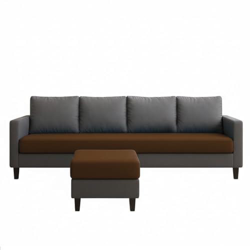 Image of FURNY Arnold 5 Seater L Shape Sofa Set with Movable Ottoman | Flexible Left or Right Layout | Plush Velvet Fabric (Dark Grey-Dark Brown) | Perfect for Living Room, Guest Room & Office