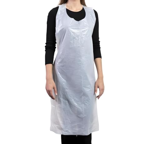 Delantales de plástico desechables, 27.5 x 46 pulgadas, baberos impermeables para adultos, cocina, artes y manualidades, tareas domésticas, pintura y salón, Blanco, White - 100 Pack