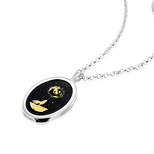 925 Sterling Silver I Love You To The Moon And Back Necklace Pure Gold Inscribed With Nostalgic Howling Wolf And Stars Onto An Onyx Gemstone Romantic Christmas Pendant For Wife, 18" Chain #TOP5