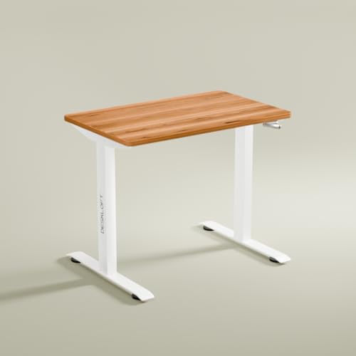 Image of Manual Height Adjustable Desk | Ergonomic Sit Stand Workstation with Walnut Wood Grain Top | Hand Crank Adjustable Computer Table for Home Office (White Frame & Brown Top, 1200 x 600 mm)