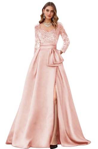 Long Sleeve Formal Prom Dresses Sequin Satin Ball Gowns with Slit Square Neck A Line Evening Gown with Pockets