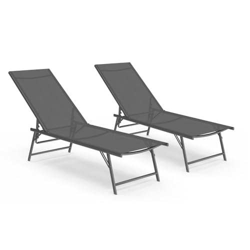 IDMarket - Lot de 2 transats de Jardin inclinables Kailua en Acier Gris Anthracite et Toile Grise