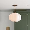 CKENSU Milk Glass Ceiling Light Fixture - Antique Brass Semi Flush Mount Pendant Light for Kitchen, Hallway, and Bedroom 15 inch (White 15 inch)