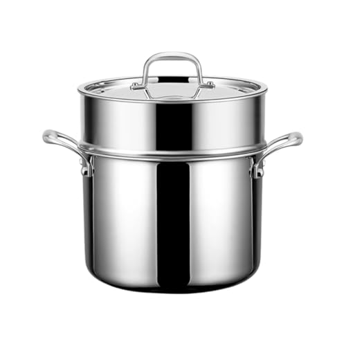 NYHGOXM 業務用にも 316ステンレス 両手鍋 深型 厚底 一体型 汁物・煮物・蒸し物対応 ガスコンロ・IH対応 (ステンレスカラー+蒸し器,直径28CM)