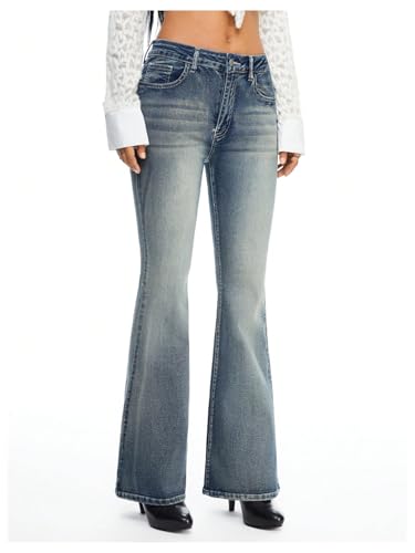 WDIRARA Women's Low Rise Flare Jeans Embroidery Rhinestone Bell Bottom Denim Pants3