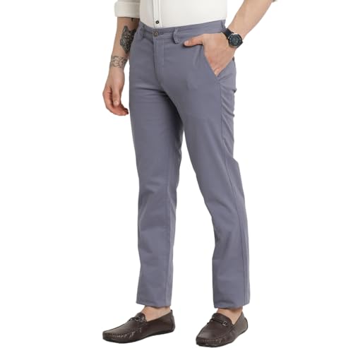 Image of Turtle Men Cotton Stretch Ultra Slim Fit Steel Grey Casual Trouser