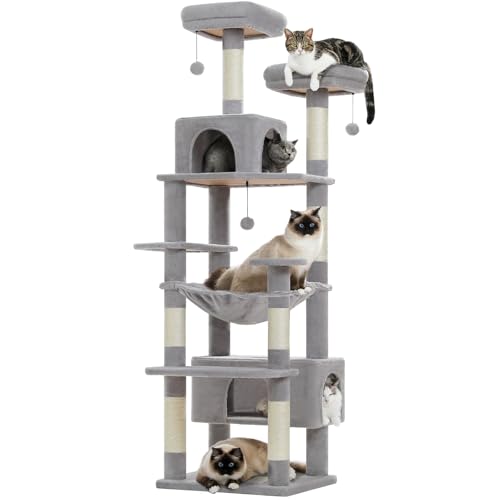 PAWZ Road 184cm Cat Tree with Sisal-Covered Scratching Posts and Pads, Cat Tower for Large Cats with Spacious Hammock, Dual Condos and 2 Padded Perches Grey
