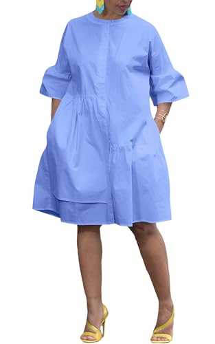 Image of Choichic Button Down Shirt Dresses for Women with Pockets Flare Bell Sleeve A-Line Midi Tunic Dress