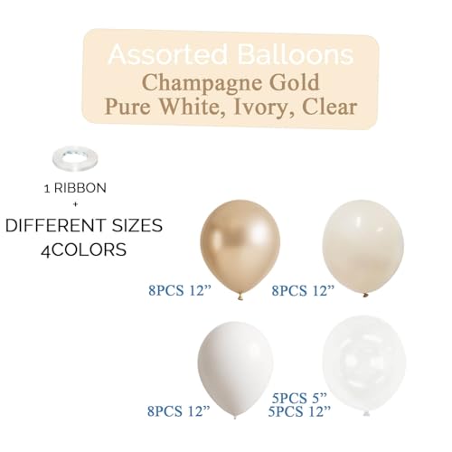 Image of Champagne Gold and Ivory White Balloons Engagement Party Decorations- 34Pcs 12in Metallic Champagne Gold, White, Ivory, Clear Latex Baloons for Bridal Showers Wedding Birthday Party Supplies