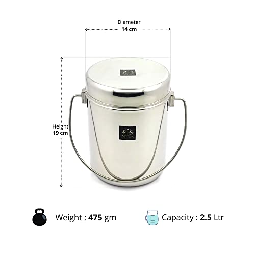 Image of Nyra Stainless Steel Milk Pot /Milk can /Milk Barni /Oil can (with lid and Handle) deep Dabba /Storage Container, Flat Bottom dolu for ghee, Oil, Curd, Grains, pulses /dolchi for Milk -Capacity 2.5Litre