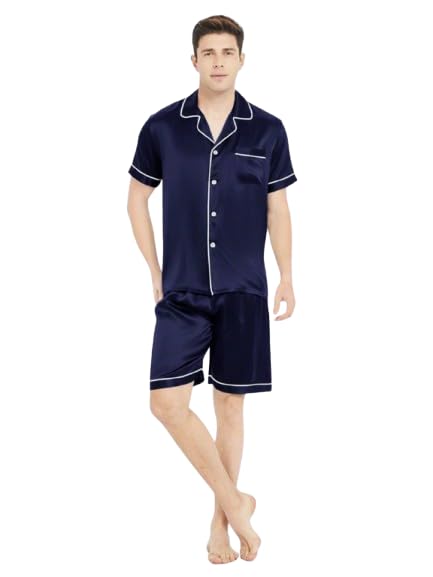 Men Dark Blue Half Sleeve Contrast Piping Night Suit with Shorts Satin-image-0