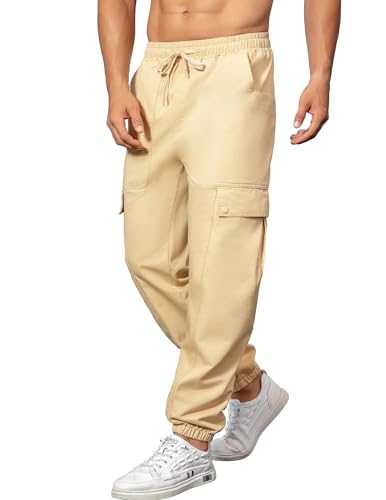 YYA Men's Streetwear Cargo Pants with Flap Pockets & Drawstring Elastic Waist Casual & Techwear Joggers Khaki L