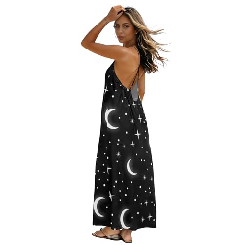 Robe d'été pour femmes longue et dos nu à motif lune blanche et étoiles