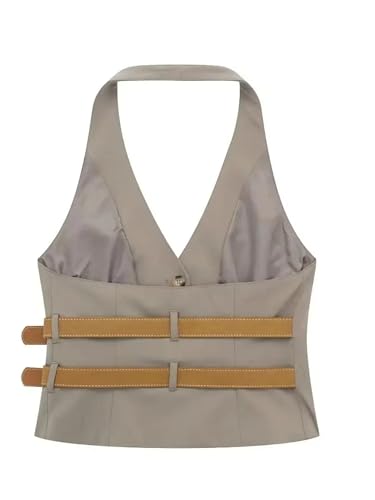 Women's Sleeveless Backless Tank Tops Solid Color Leather Buckle Chic Slim Short Suit Vest Top3