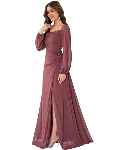 Chiffon Bridesmaid Dresses for Women Long Sleeve Ruched Formal Evening Dresses with Slit3