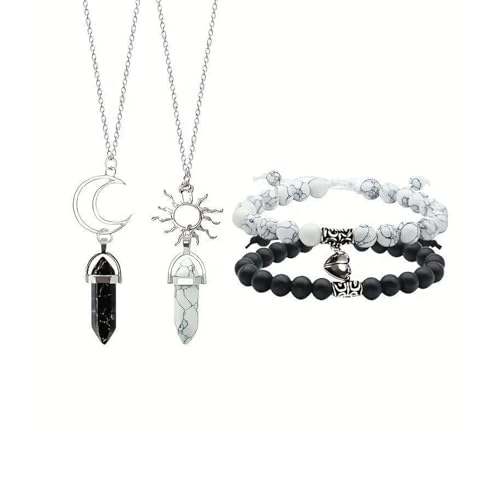 LittleFathand 4Pcs Crystal Couple Necklace Bracelet Set for Women Men Matching Friendship Bracelet Hollow Sun Moon Pendant Necklace Valentine's Day Jewelry Gift