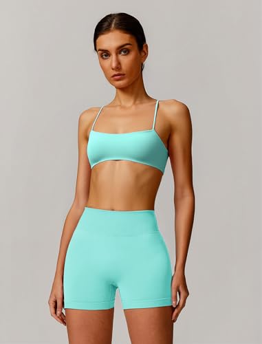 OMEWEE Workout sets for women 2 piece:Spaghetti Straps BacklessTop Bra and Anti-squat shorts for yoga Mint green M — view 5