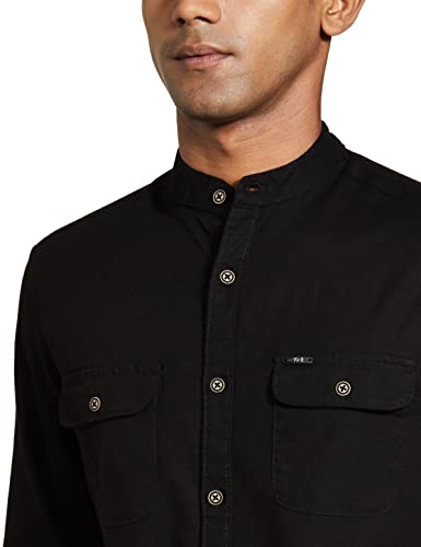 Image of The Indian Garage Co Men Slim Fit Solid Full Sleeves Mandarin Collar Double Flap Pocket Casual Shirt
