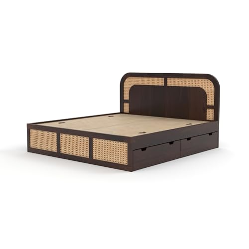 Image of Sheesham Wood Cane Bed with Drawer Storage for Bedroom | Queen Size Wooden Double Bed Palang with Curved Rattan Headboard & Footboard (Walnut Finish)