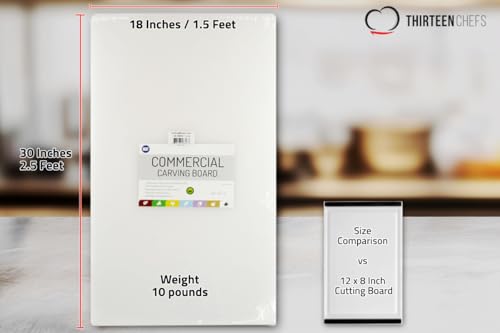 Thirteen Chefs Extra Large Commercial Plastic Cutting Board, 30" x 18" x 0.5" (NSF, FDA Approved) White, 30" L x 18" W x 0.2" H
