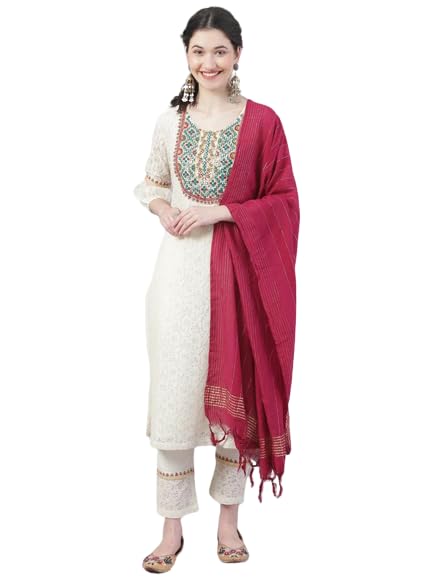 Ethnic Motifs Yoke Design Thread Work Pure Cotton Kurta With Trousers & Dupatta