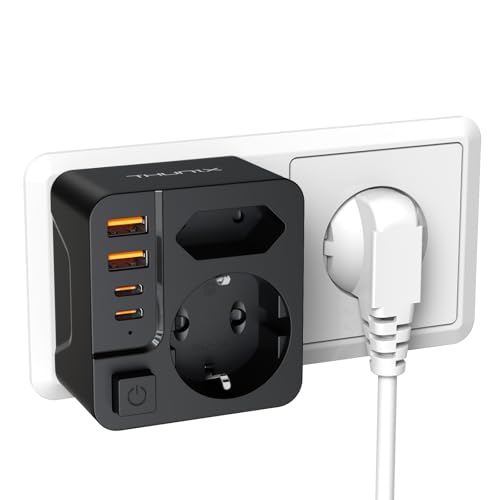 THUNIX Ladron Enchufes con USB C, 6 en 1 Ladrón Enchufes Multiples USB, Cargador Multiple Pared con USB C PD 20W, Regleta Pared para Oficina, Cocina, Compatible con Móviles, Negra