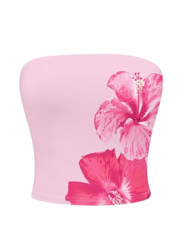 WDIRARA Womens Floral Print Strapless Crop Tube Tops Slim Fit Summer Casual Bandeau Top Light Pink Small