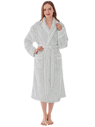 PAVILIA Women Plush Fleece Robe, Light Grey Soft Textured Bathrobe, Lady Cozy Spa Long Robe, Fuzzy Satin Waffle Trim, L/XL