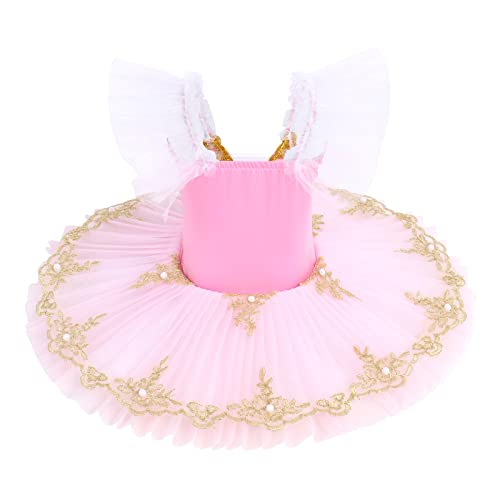 IBAKOM Ballet Leotards for Girls Dance Pancake Platter Tutu Ruffle Sleeve Floral Print Ballerina Swan Lake Costume Toddler Gymnastics Leotard Ballet Tutu Kids Ballet Ballerina Costume Pink 4-5 Years