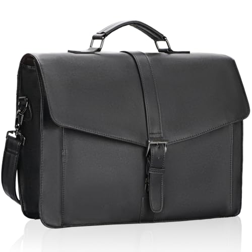 Image of ESTARER Men's Leather Briefcase 17.3 Inch Laptop Computer Bag for Office /Business /Travel, Large Satchel Professional Leather Messenger Shoulder Bag, Black