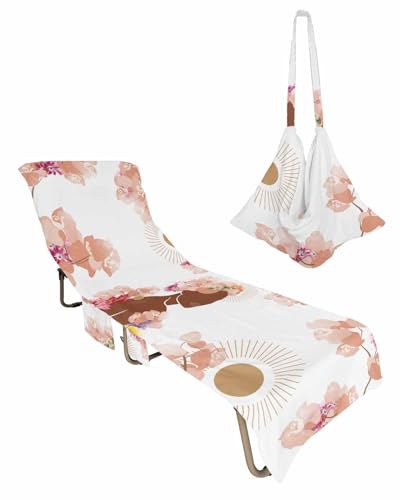 Abstract Woman Beach Chair Cover with Side Pockets, Microfiber & Quick Dry Pool Chaise Lounge Chair Towels Covers for Sun Sunbathing Patio Garden Hotel, Boho Minimalist Modern Flower Plant