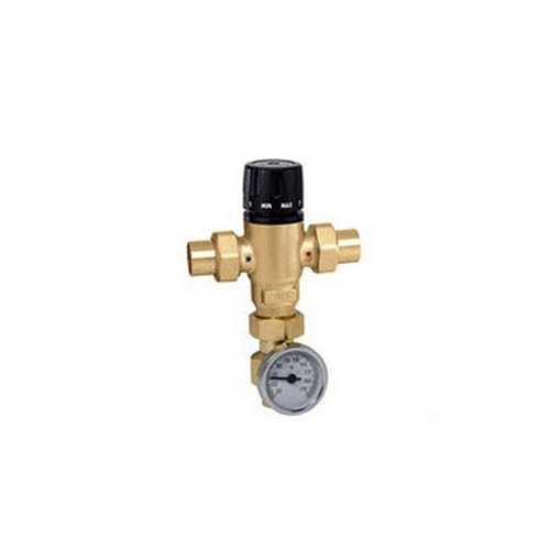 Caleffi 521519AC Mixing Cal 3-Way Thermo Mixing Valve with checks, Low-Lead Brass with Adaptor