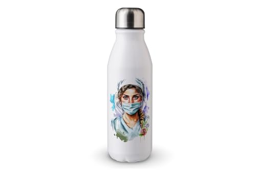 MAXIKIWI Einwandige Wasserflasche mit Schraubverschluss, nicht isoliert, leichtes Aluminium, BPA-frei, auslaufsicher, Krankenschwester-Aquarellfarbe, 500 ml