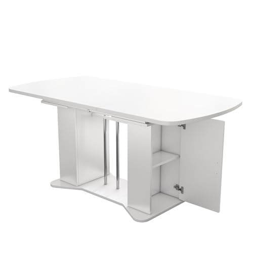 Table à manger extensible 120-160cm blanche avec rangement pour salon