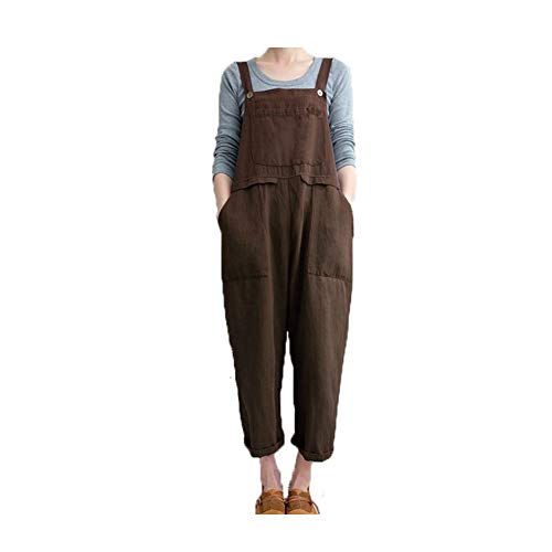 Lghxlxry Women's Casual Plus Size Wide Leg Bib Overalls Baggy Cotton Linen Rompers Jumpsuit with Pockets Coffee Tag S