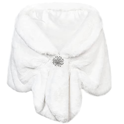 Faux White Fur Shawls and Wraps Bridal Fur Scarf With Brooch Dress Shrug Cover Up for Women(US 4-14 (S-M), White)2