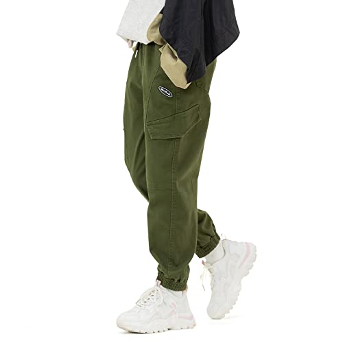 MINI PANDA Girls Pants,Stretchy Loose Fitting Girls Pants Size 6-19 Trendy（Olive,14）