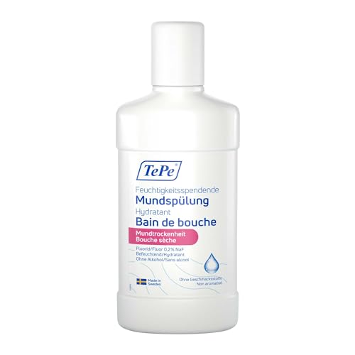 TePe Enjuague bucal hidratante para boca seca, sin sabores, enjuague bucal con fluoruro que reduce la sensación de sequedad en la boca