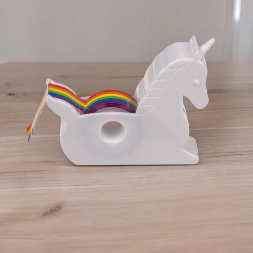 MIJOMA Einhorn Klebeband-Abroller – Zauberhafter Bürohelfer mit Regenbogen-Klebeband, Weißer Kunststoff, Ideal für Geschenkverpackung & Bastelarbeiten, 10x9x3cm