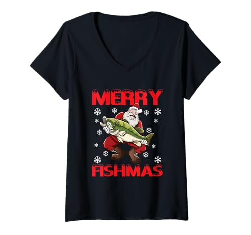 Donna Merry Fishmas Christmas Fishing Fish Maglietta con Collo a V