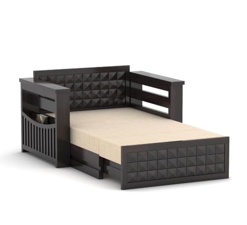 Image of Solid Sheesham Wood Sofa Cums Bed with Mattress & Storage | Rosewood Convertible Sofa Bed for Living Room & Bedroom (B-Walnut Finish, 2 Seater)