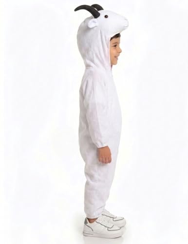Image of BookMyCostume White Unisex Goat Dress for Kids - Full Body Jumpsuit with Brown Horns Attached Hood - School Annual Day, Bakrid /Eid Festival, and Stage Dance Fancy Dress Costume | 3-4 Years