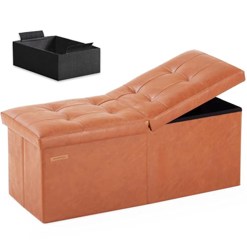 HAUSFRAU 31.5 Inches Ottoman with Storage Bench, Folding Ottoman Bench Small Foot Rest Stool, Bedroom Bench with Flipping Lid, Faux Leather Cognac Brown