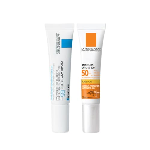 Image of La Roche-Posay Day and Night Skincare Routine for normal and sensitive skin for barrier repair, Cicaplast B5+ Moisturizer and Anthelios Invisible Fluid Sunscreen (Travel packs)