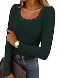 IWD Womens Long Sleeve Tops Casual Slim Fit T-Shirt Lace Crew Neck Ribbed Knit Shirts 2025 Fall Trendy Going Out Basic Tee Dark Green Large